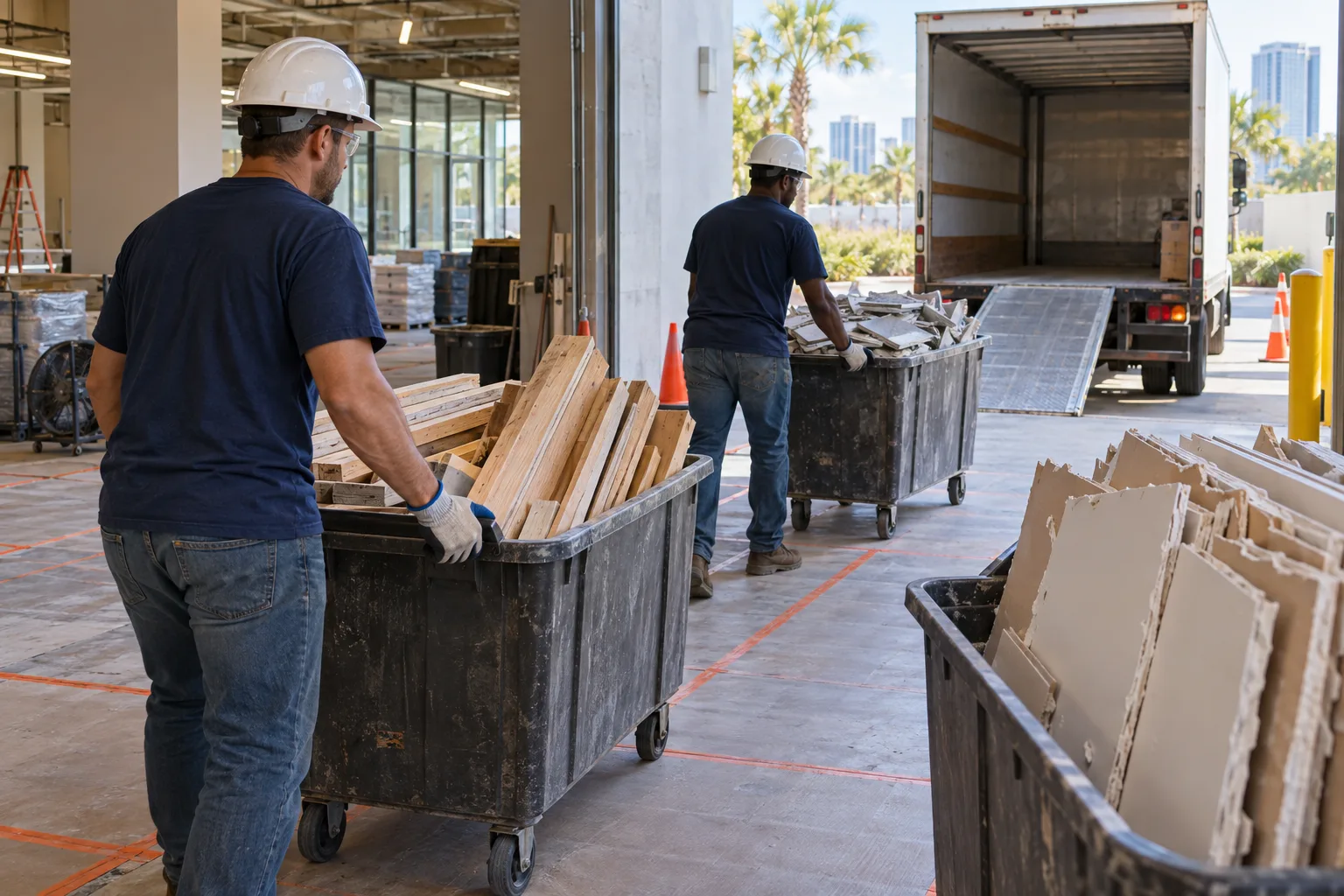 Sorted renovation debris rolling toward an open truck