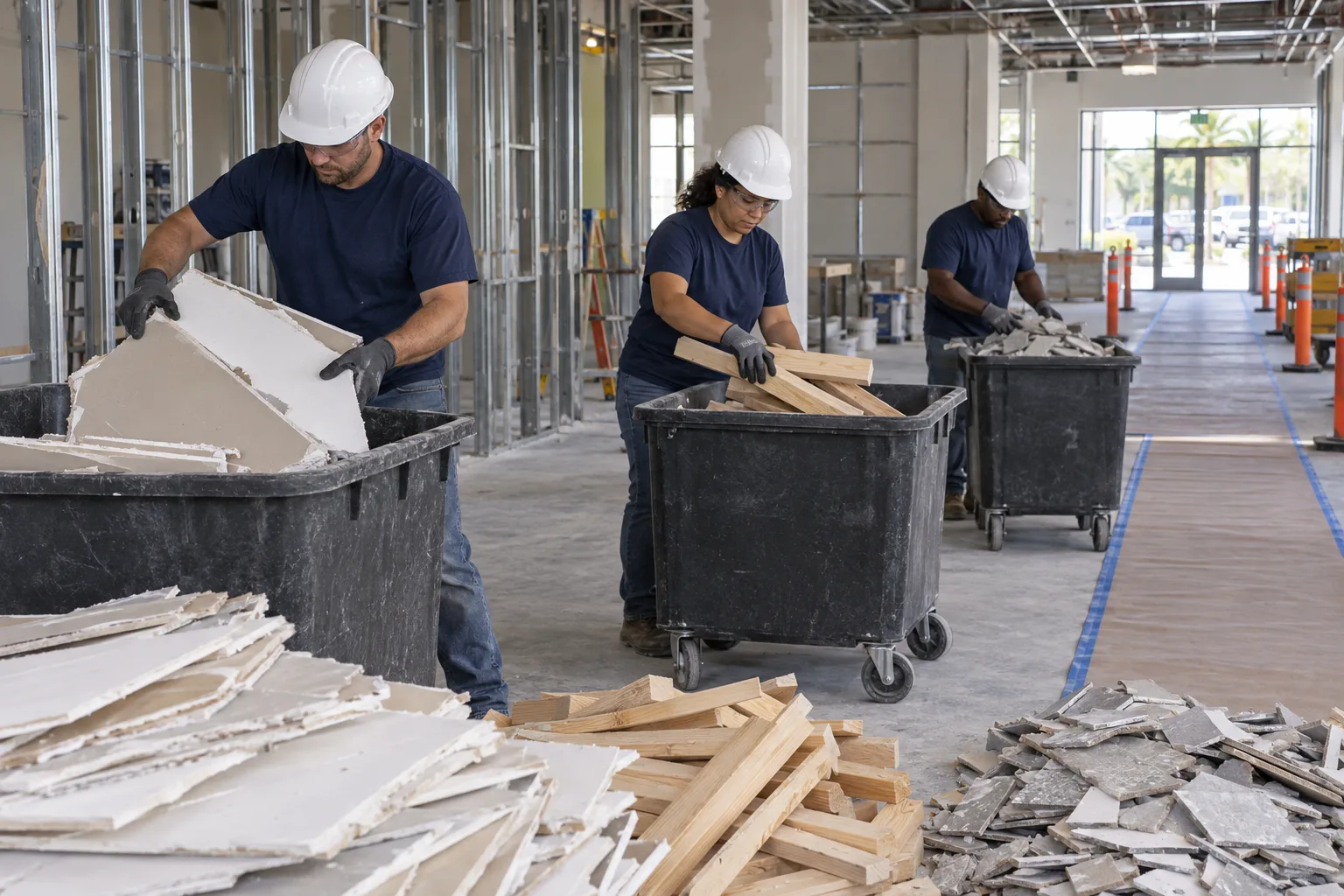 Crew sorting drywall, lumber and tile into rolling debris carts