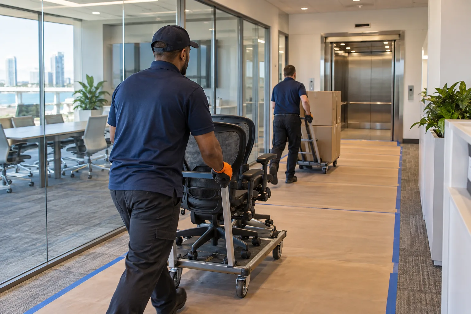 Office cleanout crew moving chairs along a protected corridor
