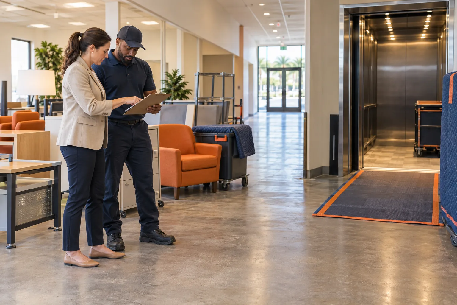 Property manager and hauling lead reviewing access beside a commercial service elevator