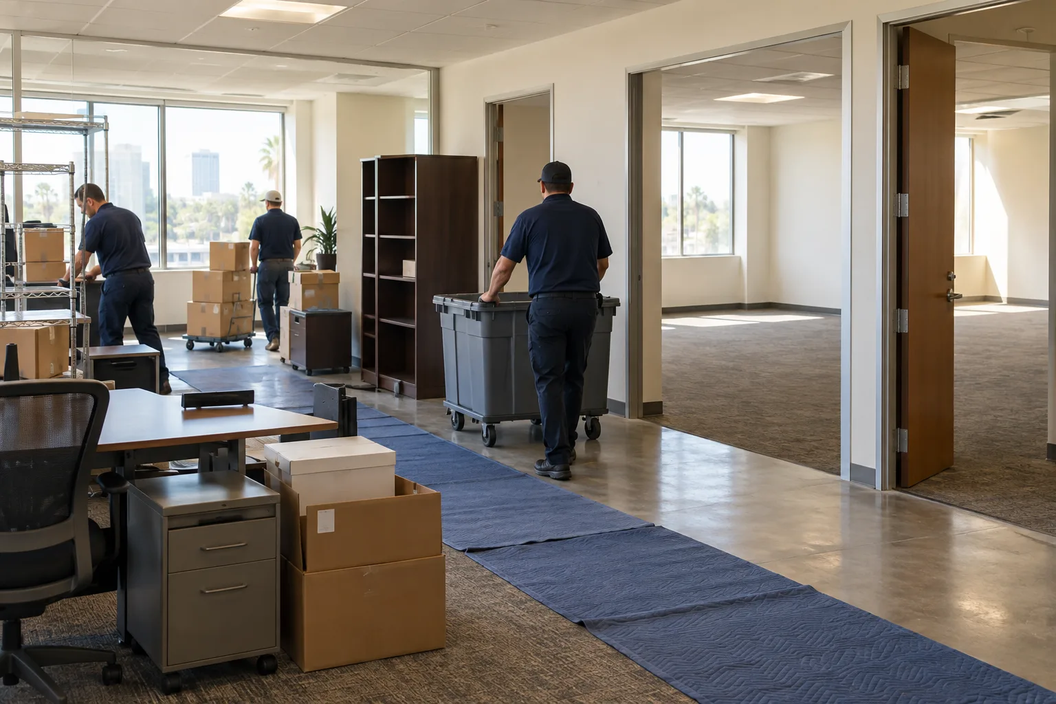 Crew clearing commercial suite contents while leaving rooms open