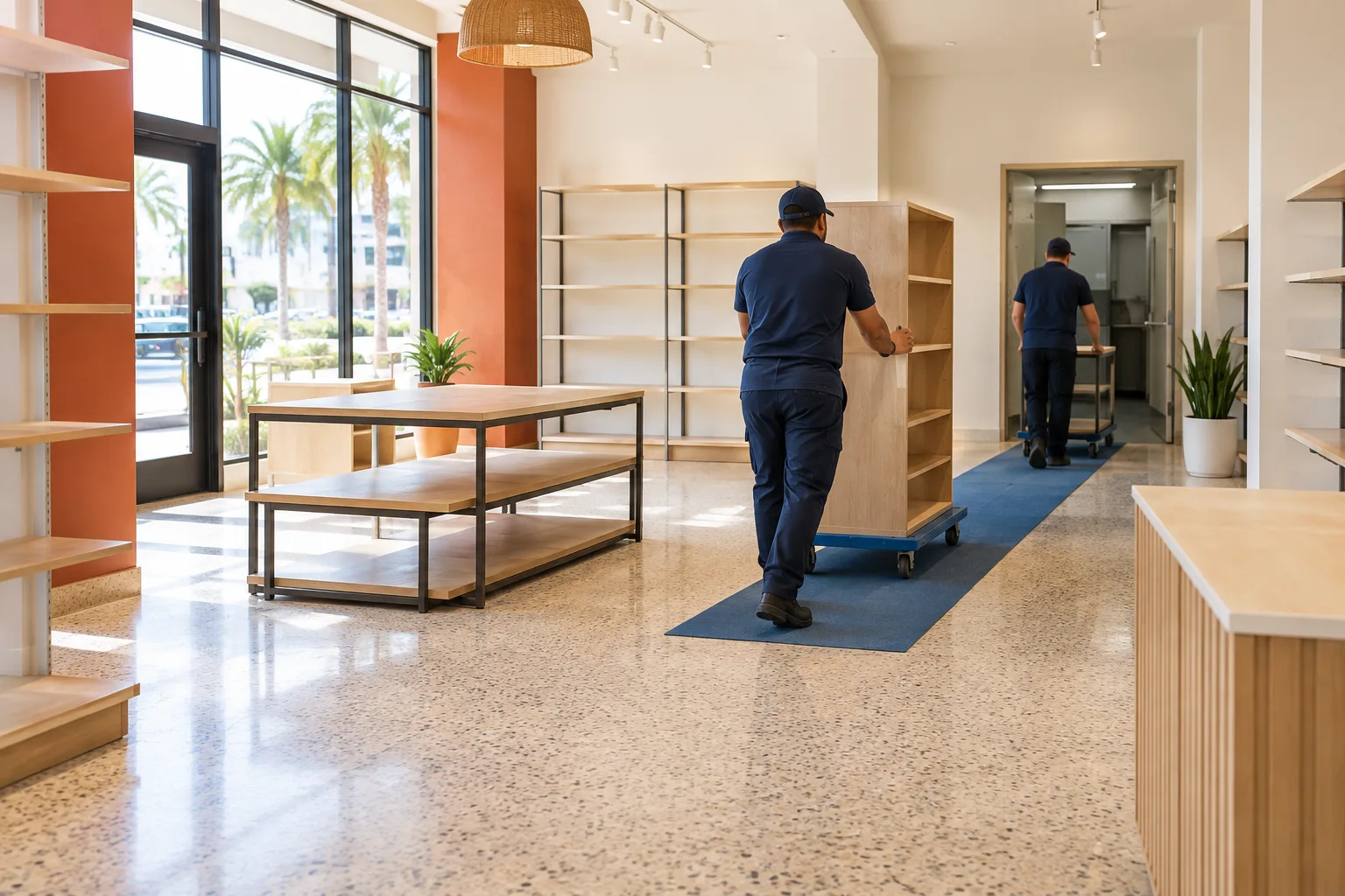 Retail fixture removal in a bright vacant storefront