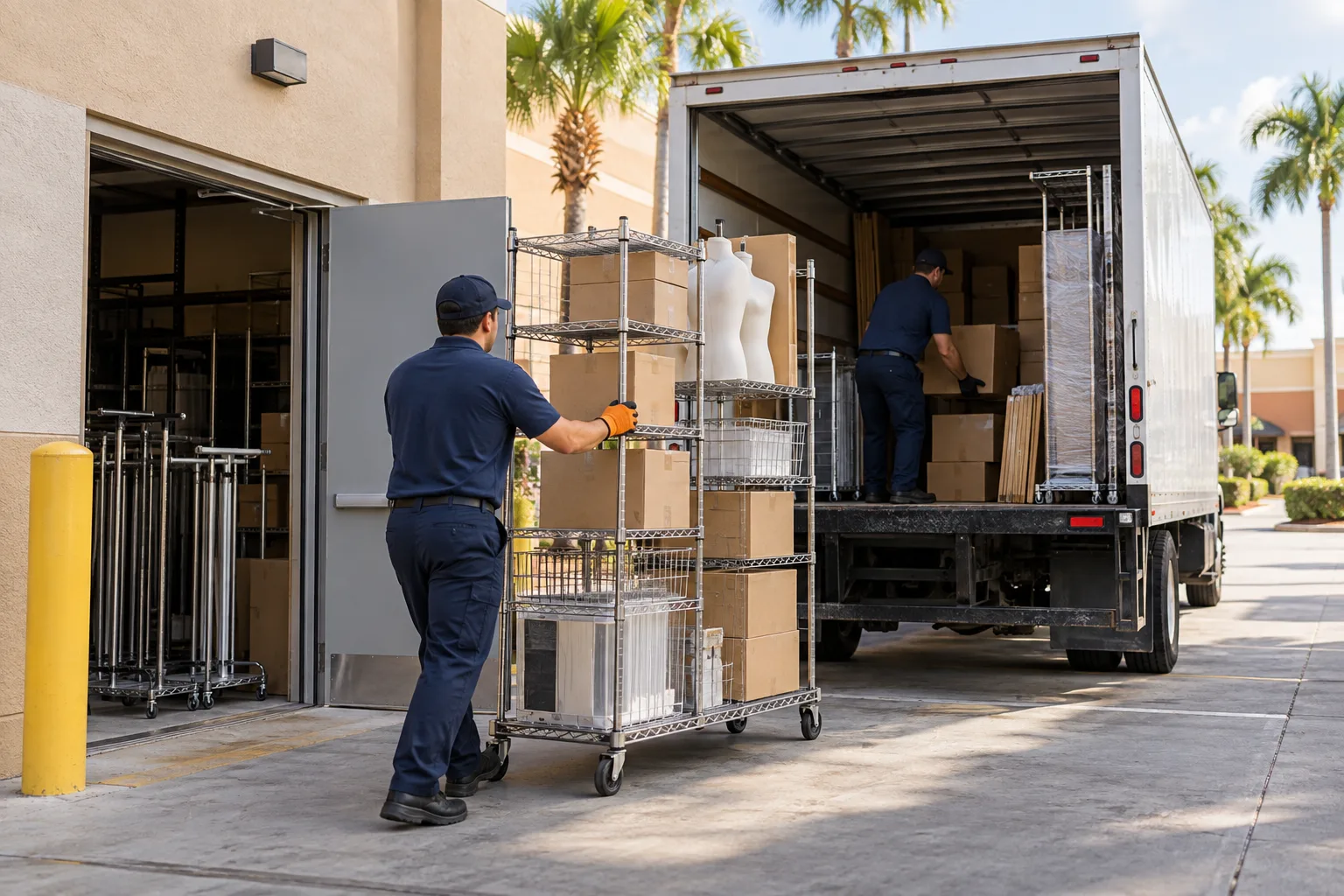 Retail fixtures and boxes moving through a rear service door